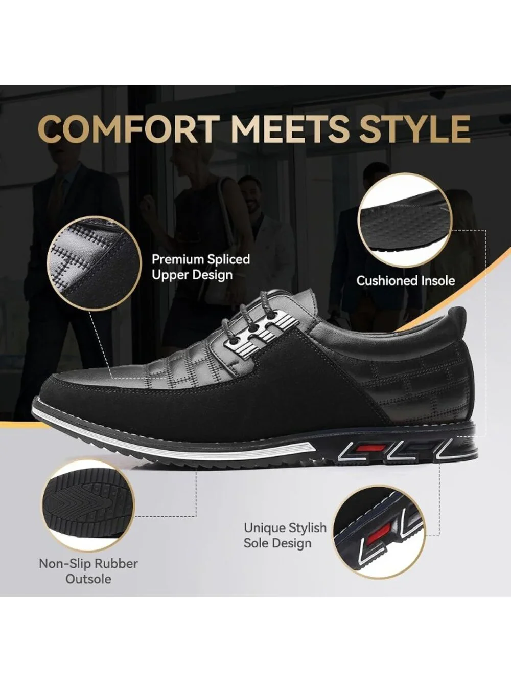 Men's Black Plaid Grid Lace-up Leather Business Orthopedic Oxford Derby Shoes